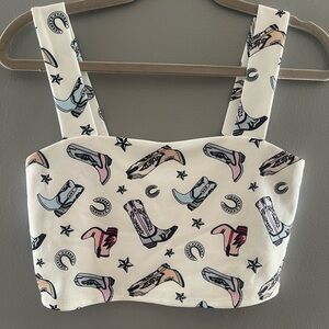 Nylon Apparel Cream Crop Top with Cowboy Boot Print